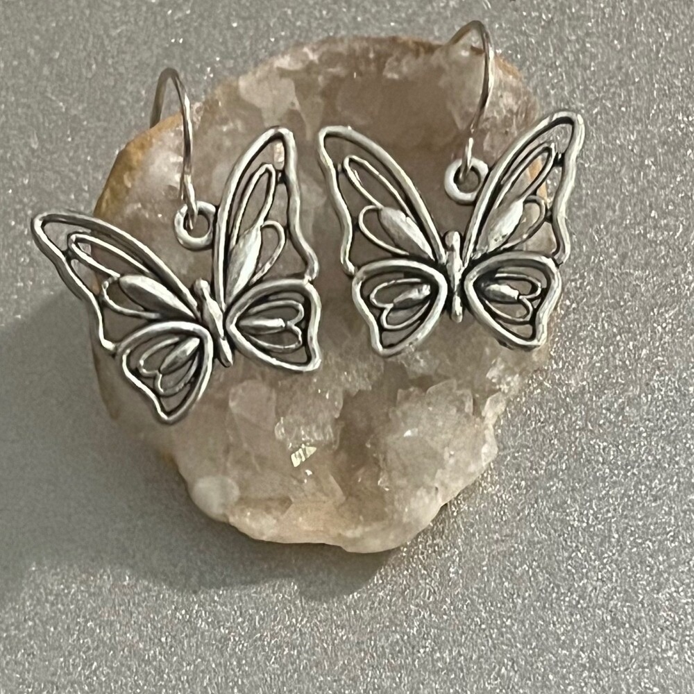 Sterling Silver Butterfly Hook Dangle Earrings Open Wings Boho Indie Jewelry-New